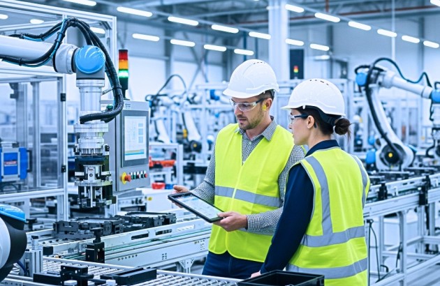 Anlagen-Maschinen-Ingenieure, die gemeinsam an einem Tablet arbeiten, prüfen eine fortschrittliche Roboter-Fertigungsstraße für moderne Fertigungseffizienz