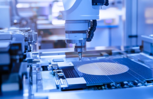 Halbleiterindustrie-Ein Roboterarm in einer hochmodernen Halbleiterfabrik, der Mikroprozessoren mit Nanometerpräzision zusammenbaut