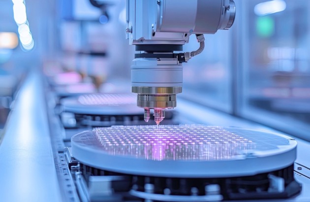 Halbleiterindustrie-Roboterarm, der präzise an einem Wafer mit Licht in einer sauberen Fertigungsumgebung arbeitet