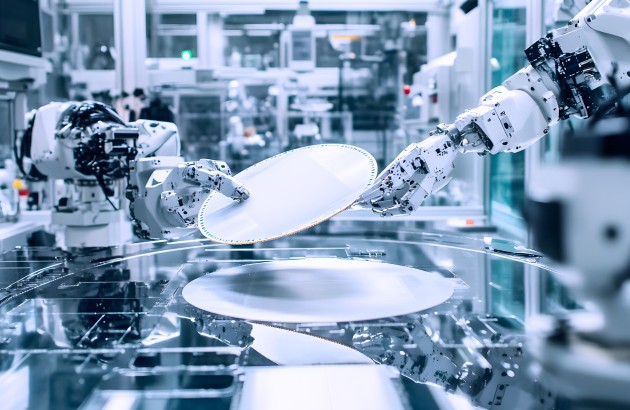 Halbleiterindustrie-Roboterarme, die einen Halbleiterwafer in einem Reinraum handhaben