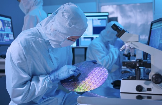 Halbleiterindustrie-Techniker im Labor untersucht einen Wafer