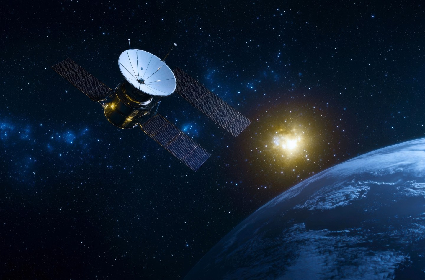 Luft-Raumfahrt-Bild eines Weltraumsatelliten, der die Erde umkreist, vor einem atemberaubenden kosmischen Hintergrund mit Sternen und einem leuchtenden Himmelskörper