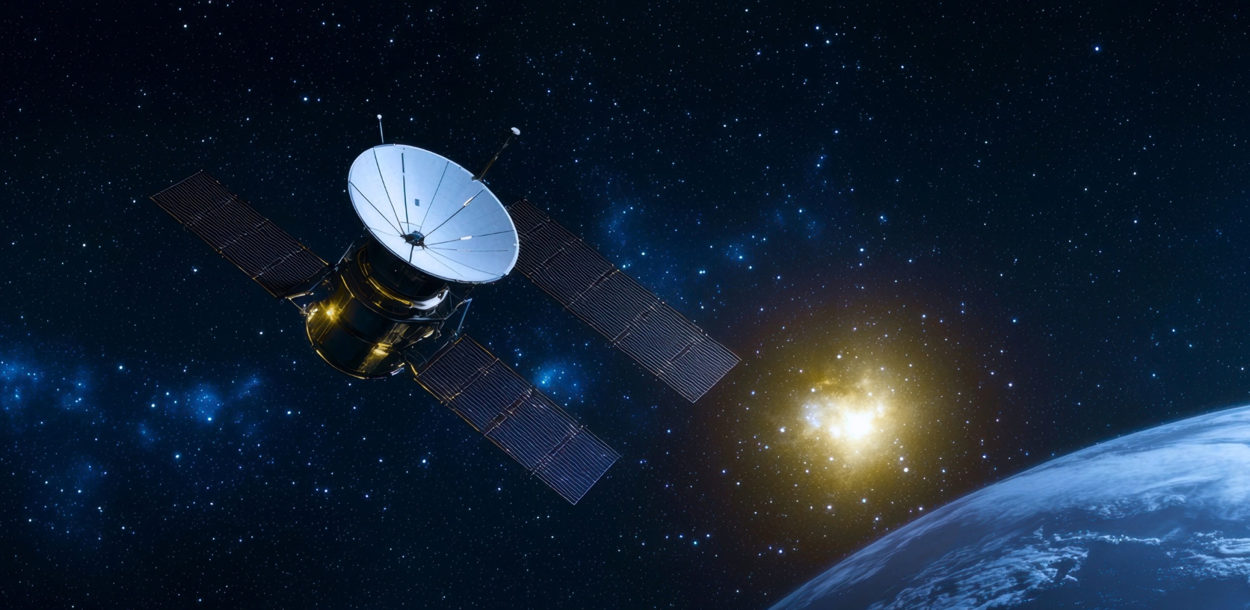 Luft-Raumfahrt-Bild eines Weltraumsatelliten, der die Erde umkreist, vor einem atemberaubenden kosmischen Hintergrund mit Sternen und einem leuchtenden Himmelskörper