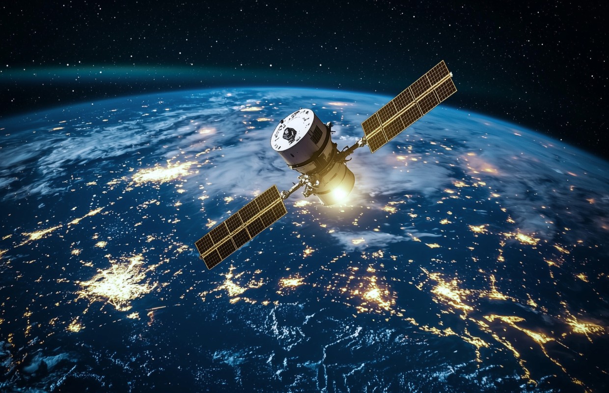 Luft-Raumfahrt-Ein Kommunikationssatellit umkreist die Erde bei Nacht