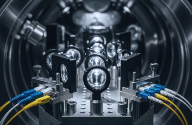 Luft-Raumfahrt-Nahaufnahme der Laserterminaloptik, ausgerichtet innerhalb einer Vakuumkammer, mit Faserverbindern und Feineinstellschrauben für Satellitenkommunikationssysteme