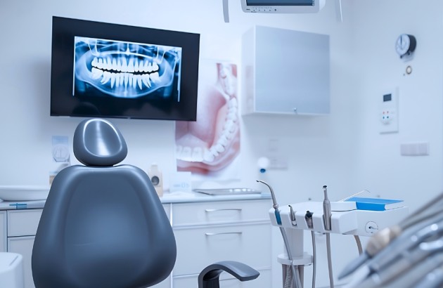 Medizintechnik-Moderne Zahnarztpraxis in Weiß mit komfortablen Behandlungsstühlen und Röntgengerät an der Wand, um eine saubere, professionelle Umgebung, fortschrittliche Zahnpflege zu präsentieren