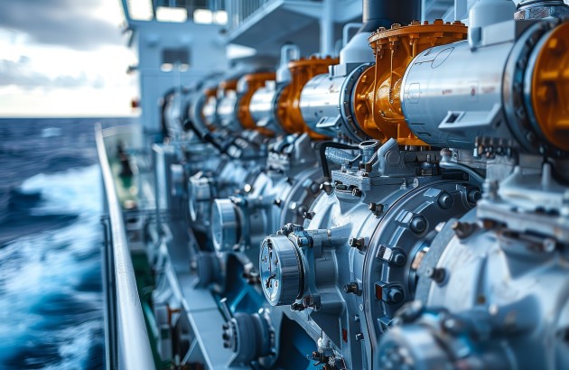 Mobilität-Nahaufnahme einer Schiffsausrüstung mit Schiffsdieselmotor und Einblicke in den Bau von Flussschiffen