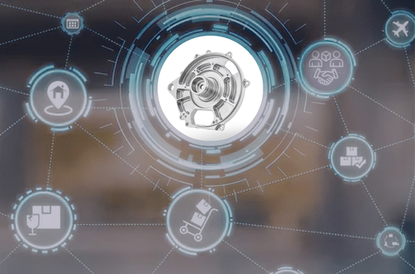 Ein Fertigungsteil der Luft- und Raumfahrt ist umgeben von zusätzlichen Dienstleistungen wie Beratung, Fertigung, Beschichtung, Qualitätssicherung, Reinigung, Verpackun, Versand