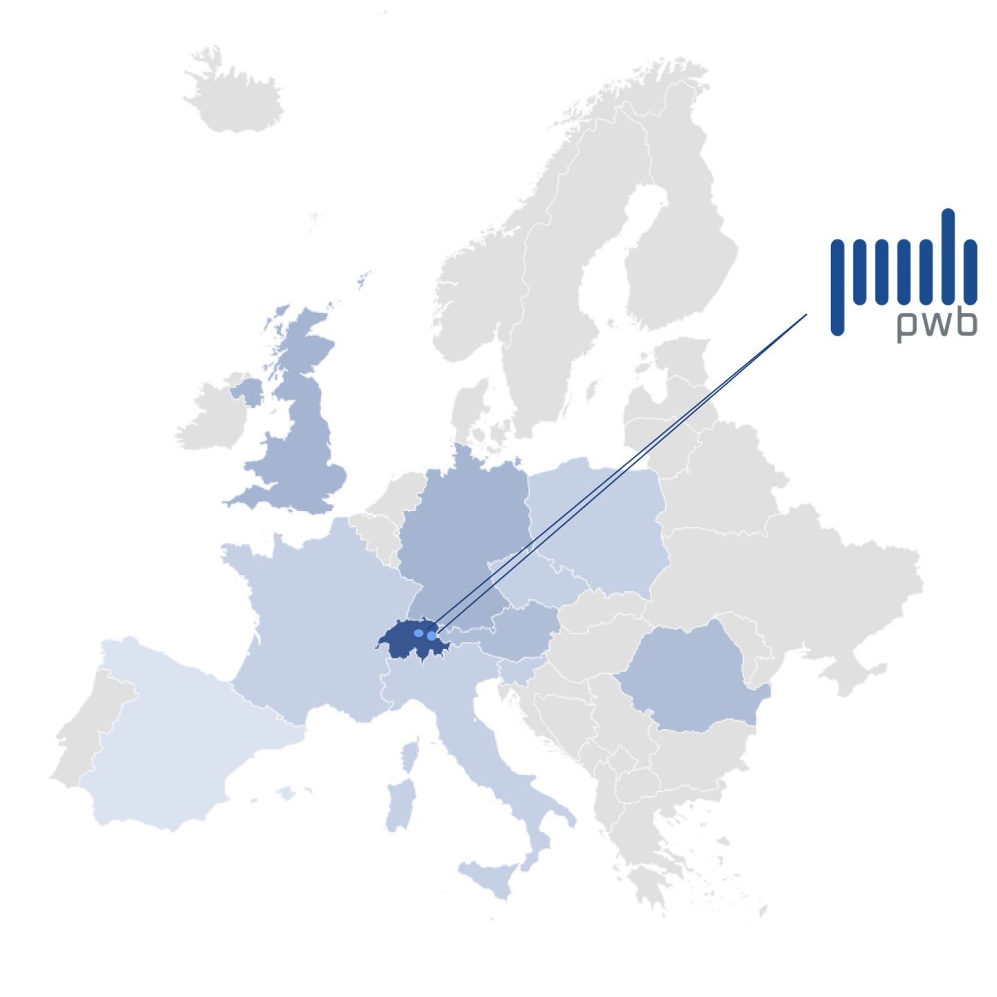Langkarte in grau blau von Europa mit der dunkelblau eingefärbten Schweiz und dem PWB AG Logo